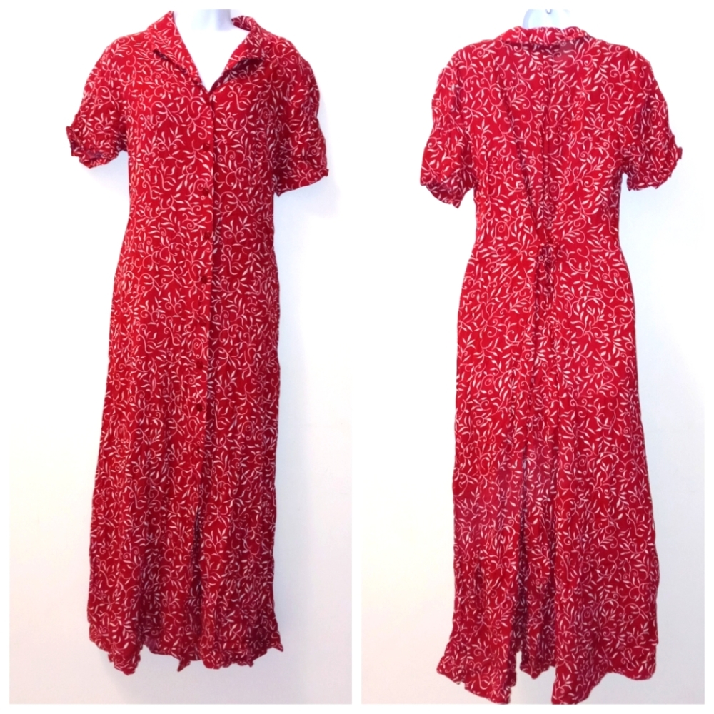 SAG HARBOR SHIRT DRESS BUTTONS UP SHOULDER PADS BACK TIE RED SIZE 14